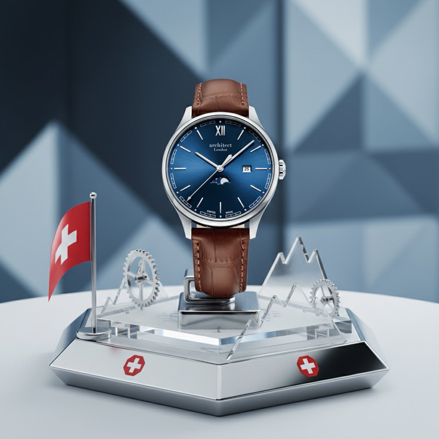 Watch with brown leather strap on a stand featuring Swiss flag design against a geometric background