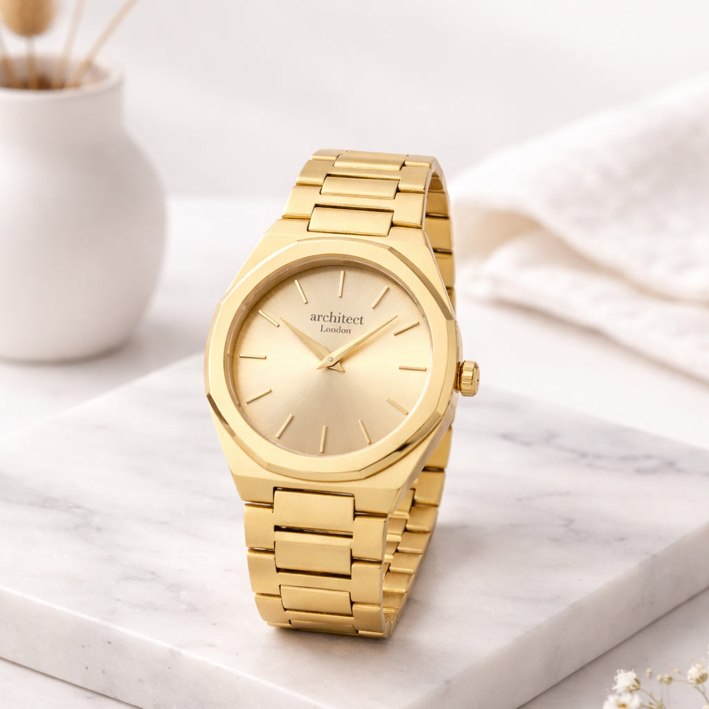 Gold wristwatch on a marble surface with a soft white background - ladies personalised watch