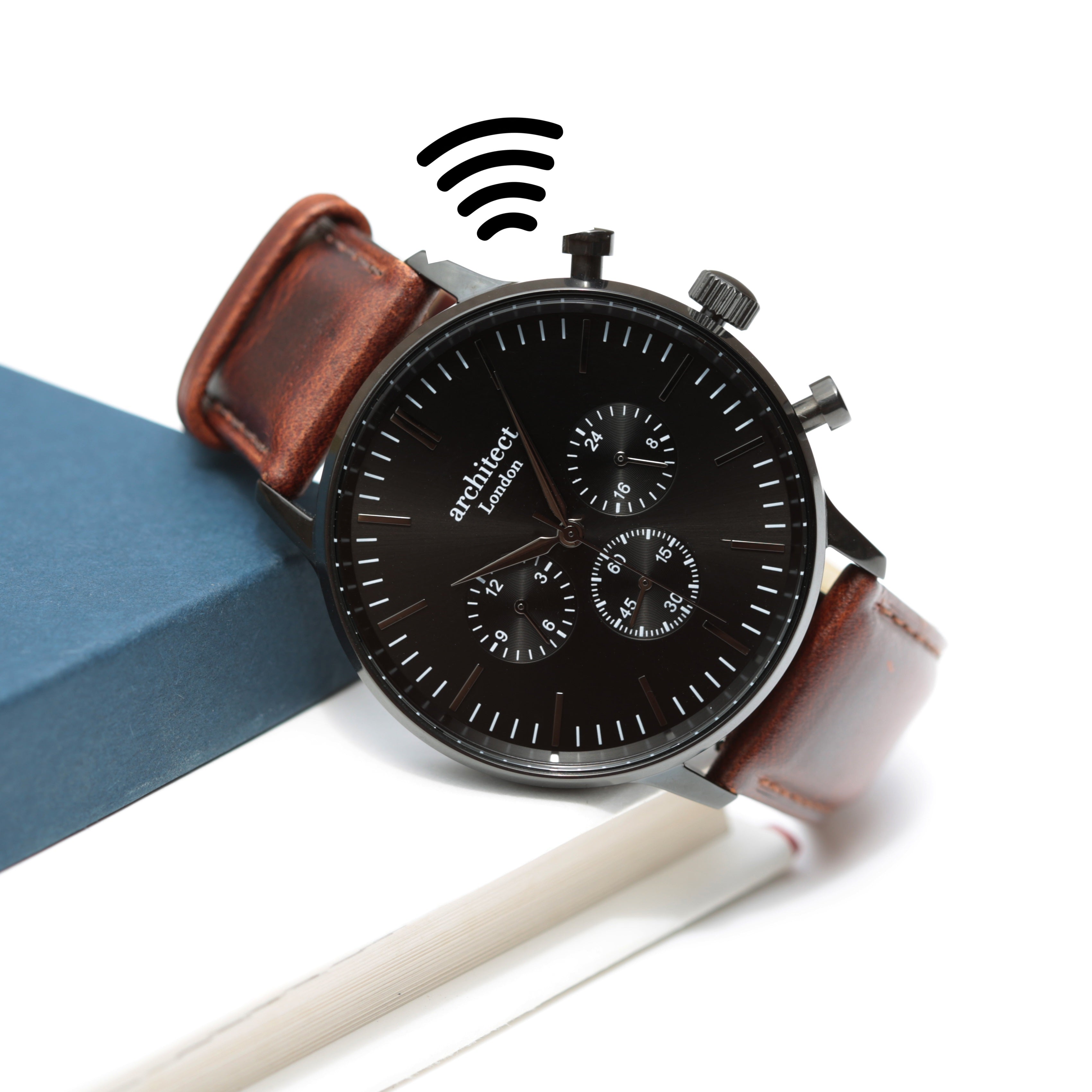 Contactless Payment Watch - Men's Motivator + Walnut Strap + Modern Font Engraving - Wear We Met