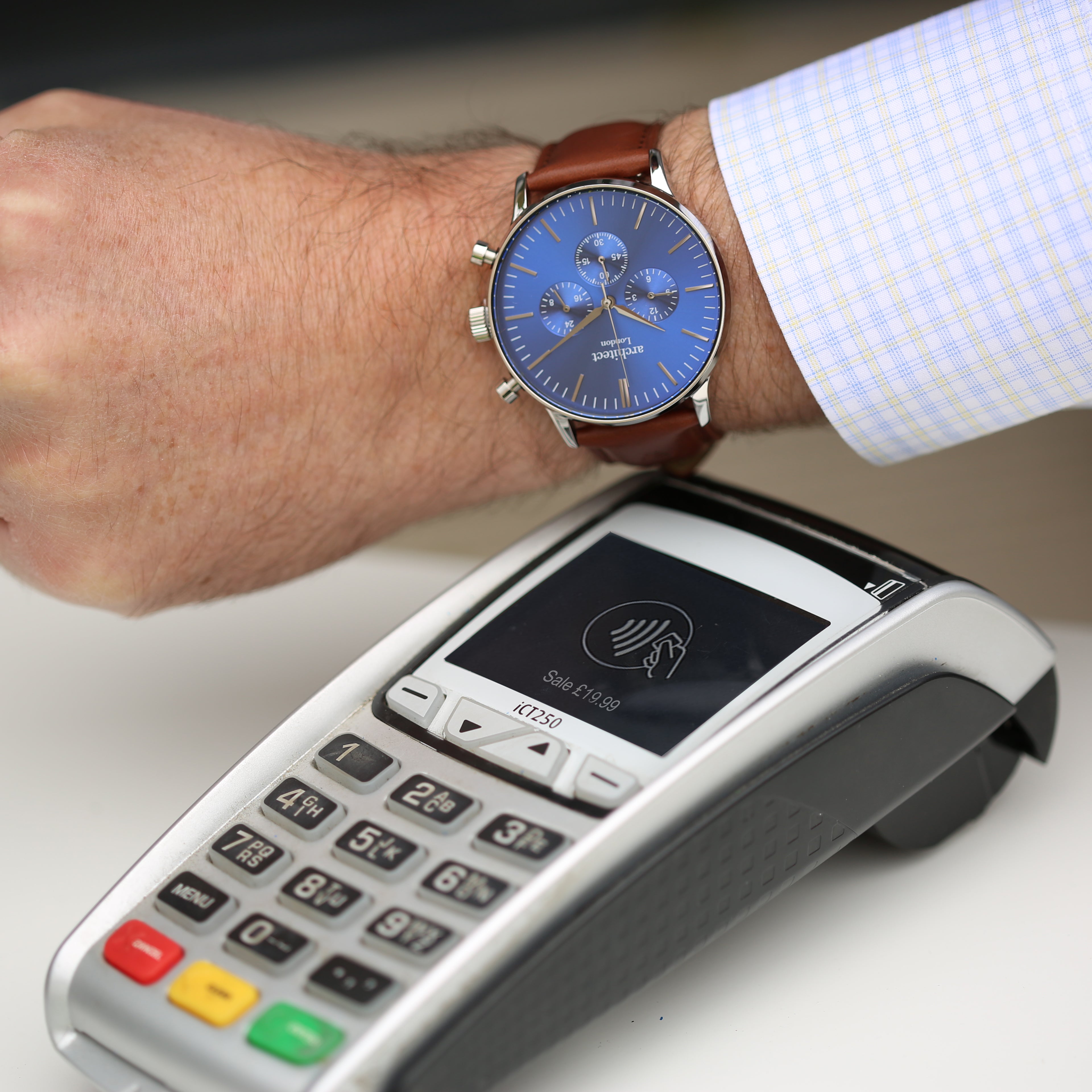 Contactless Payment Watch - Men's Blue Motivator + Walnut Strap + Modern Font Engraving - Wear We Met