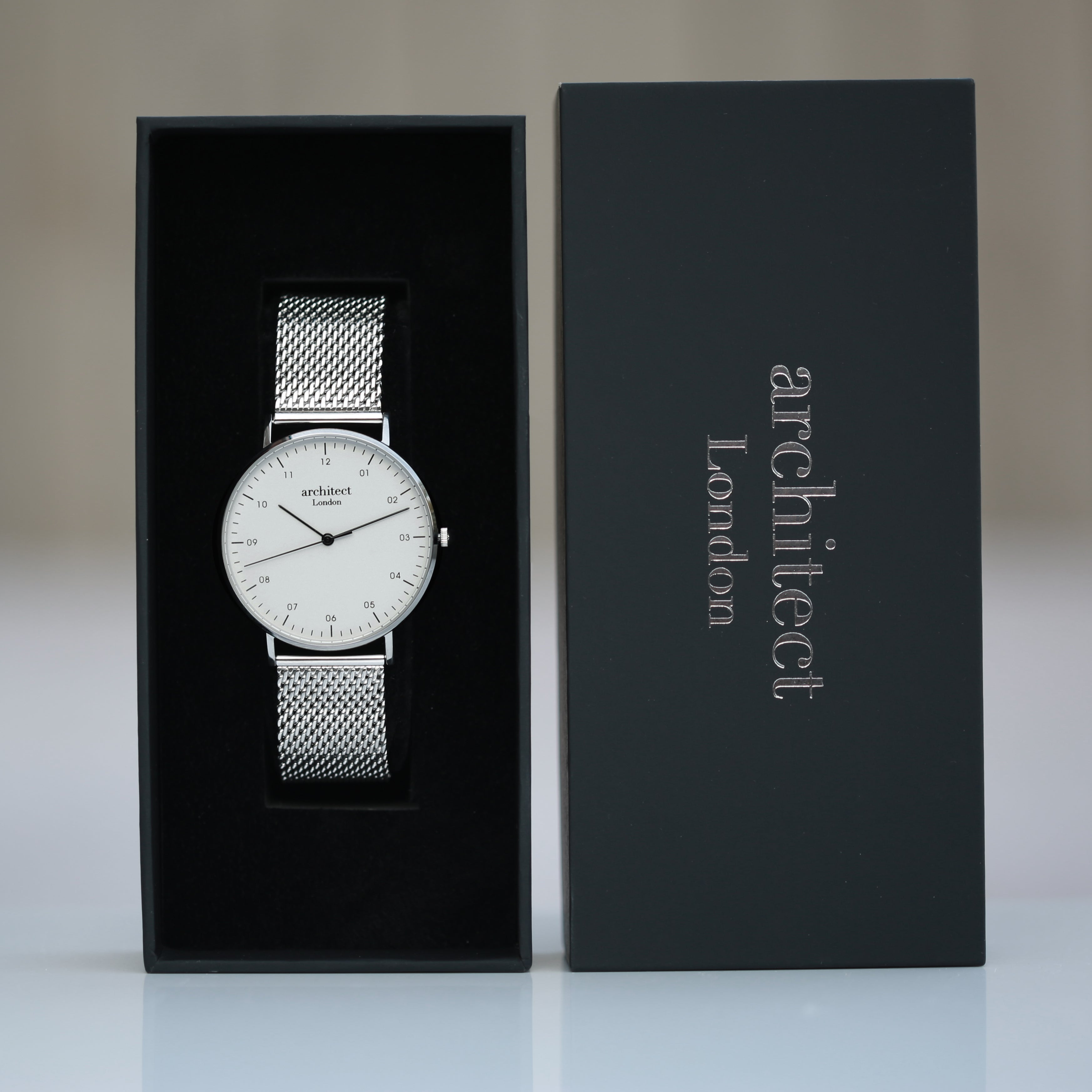 Modern Font Engraving - Men's Architect Zephyr + Steel Silver Mesh Strap - Wear We Met