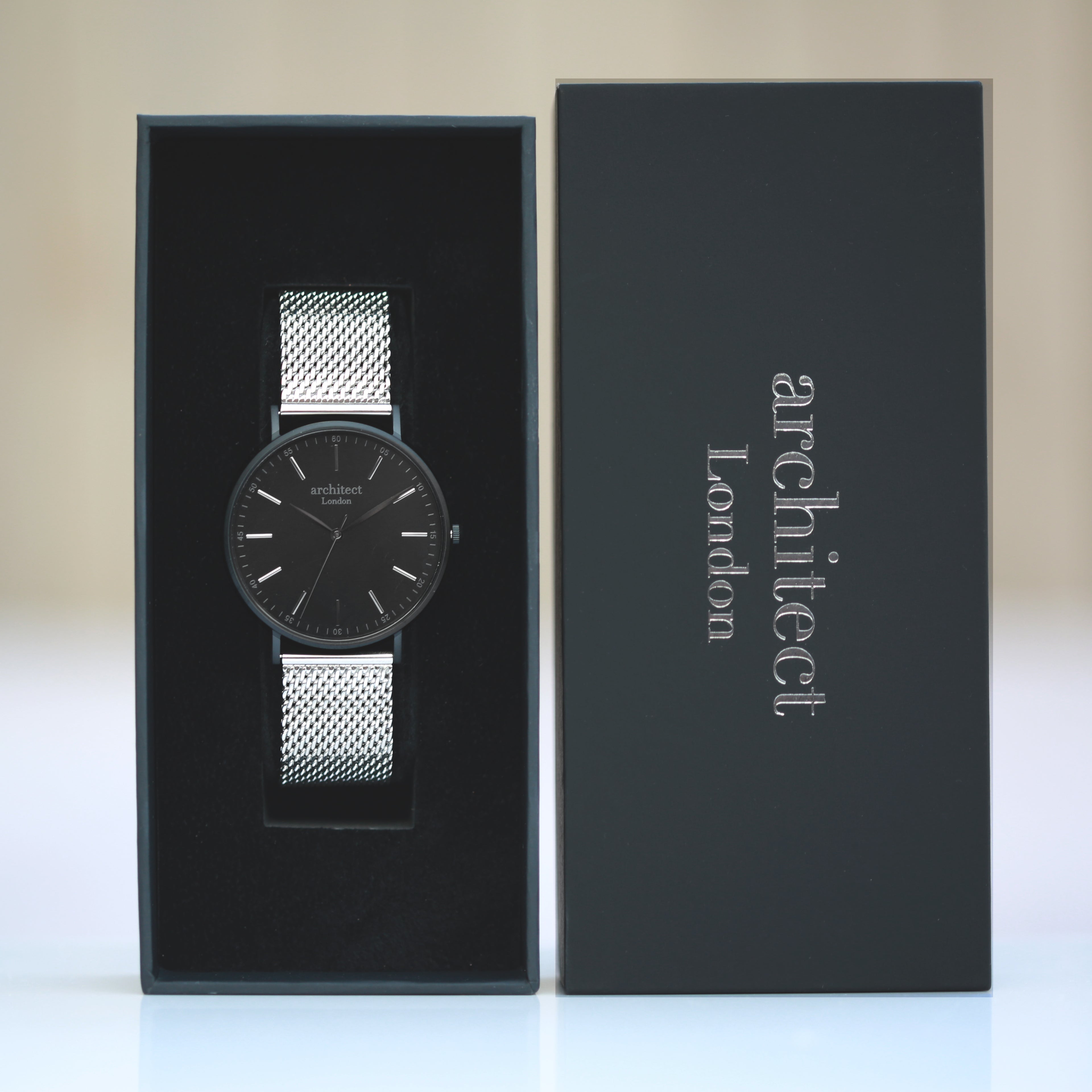Modern Font Engraving - Men's Minimalist Watch + Steel Silver Mesh Strap - Wear We Met