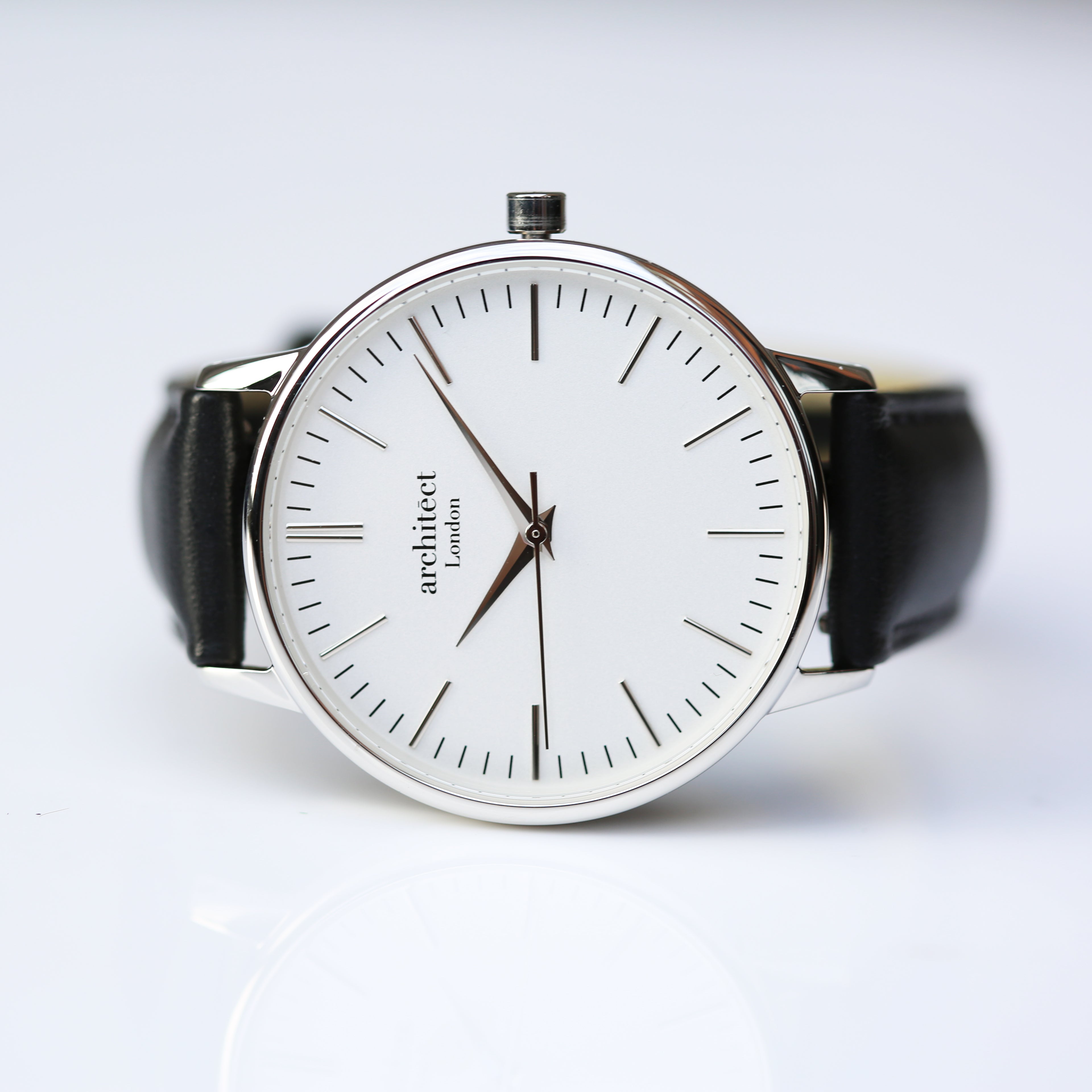 Ladies Architēct Blanc Silver Bezel - Handwriting Engraving + Black Strap - Wear We Met