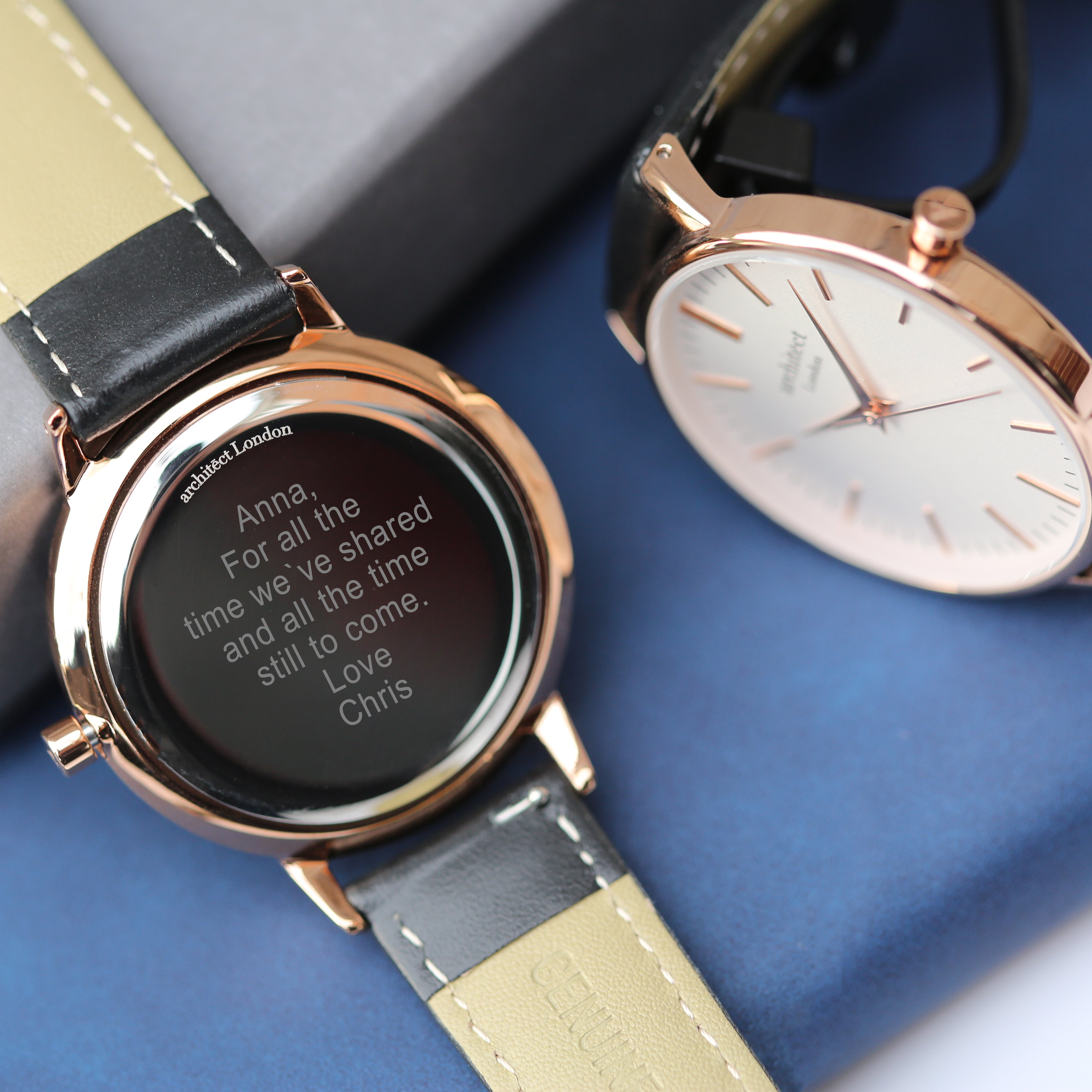 Engraved back of personalised ladies rose gold watch with custom message