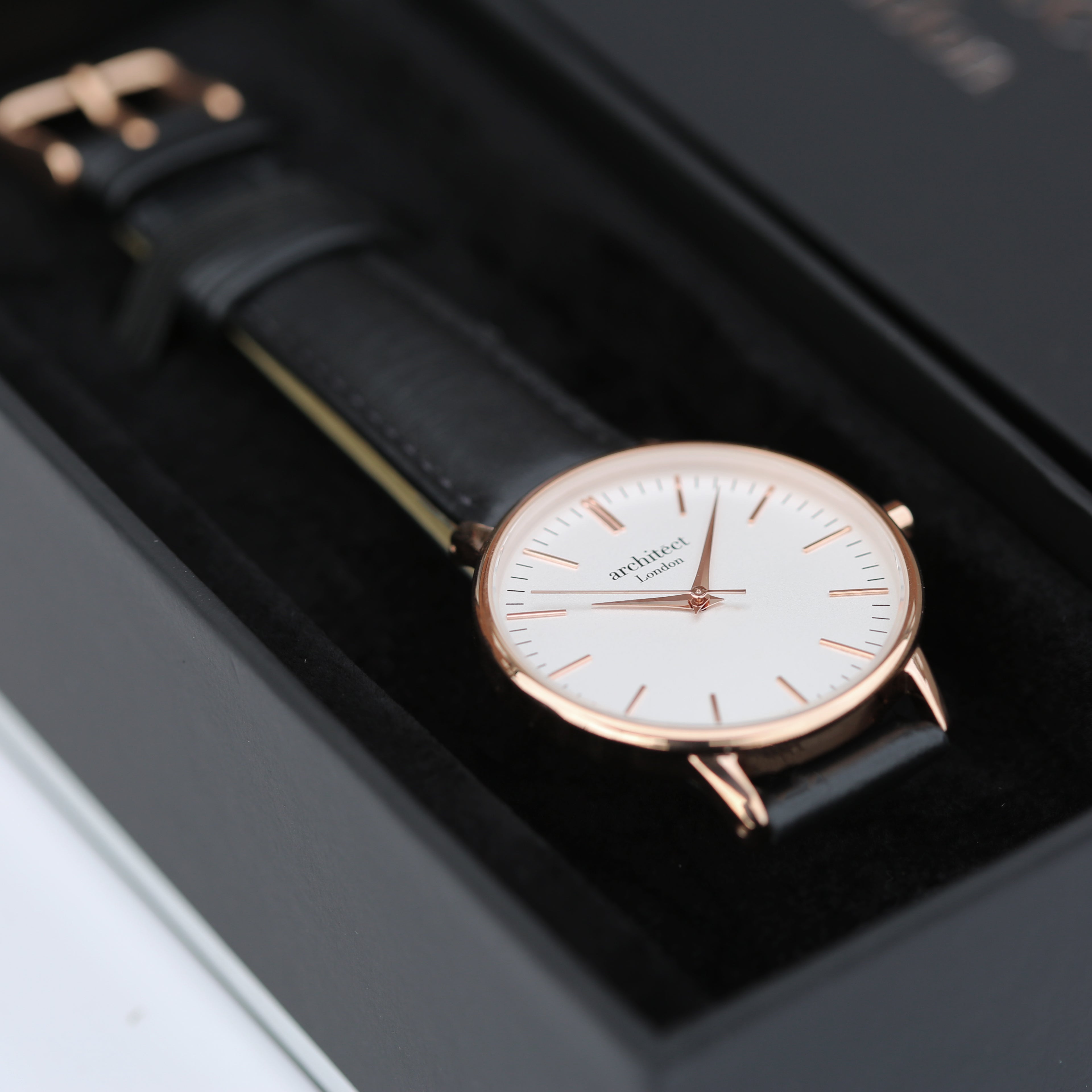 Personalised ladies Blanc watch with black strap presented in luxury gift box