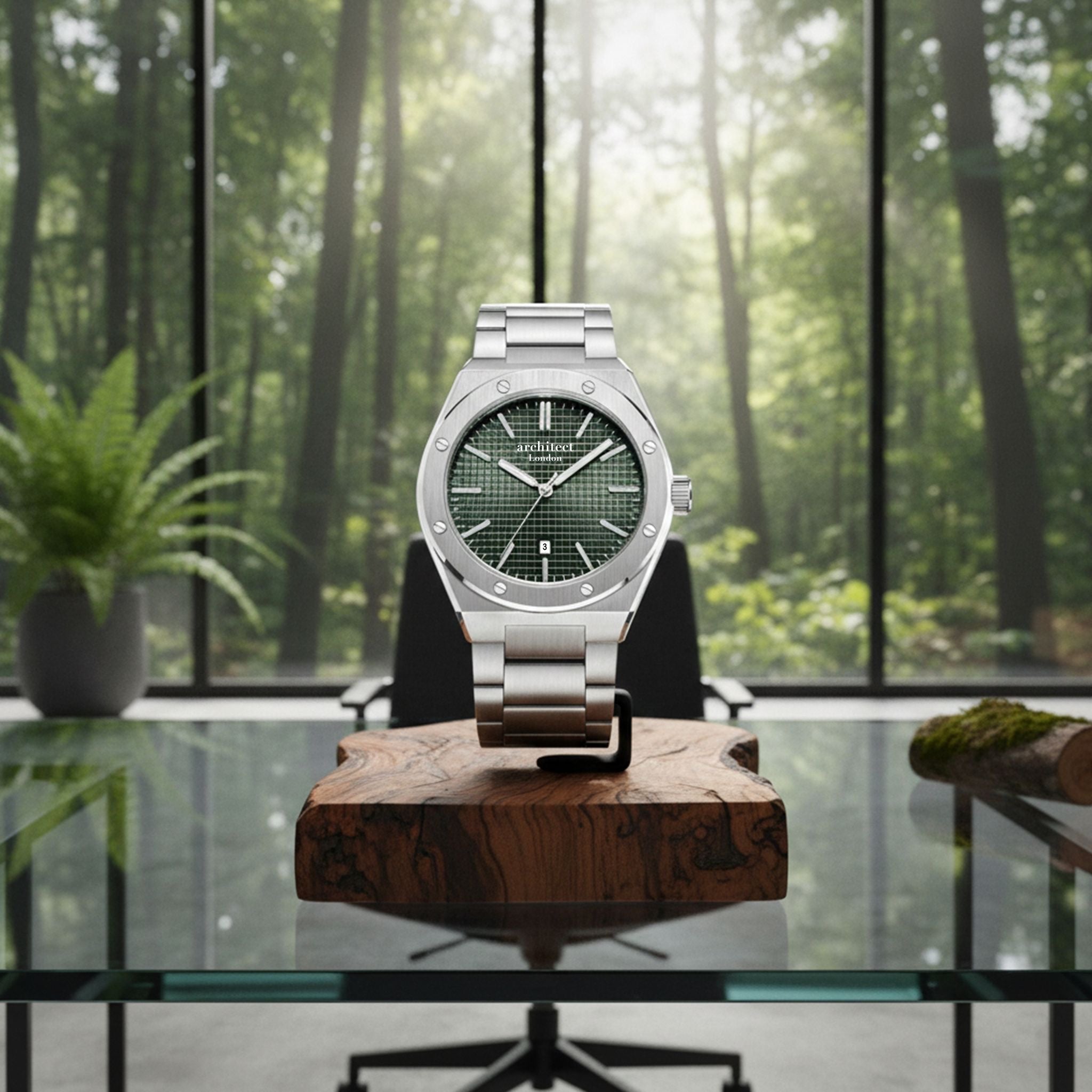 Silver watch with green face on a wooden stand in front of a window with a forest view