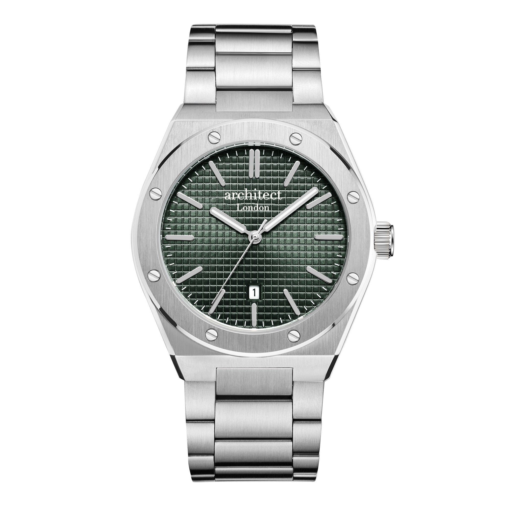Silver watch with a green face on a white background