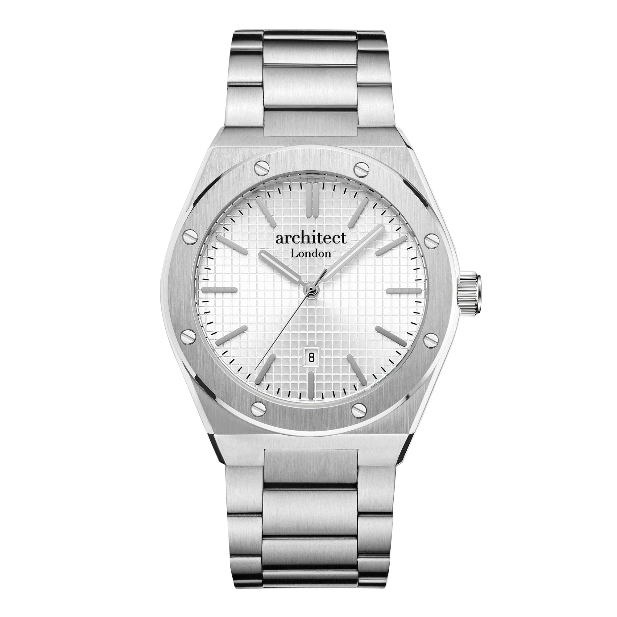 Silver watch with a white face on a white background, branded 'Architect London'.