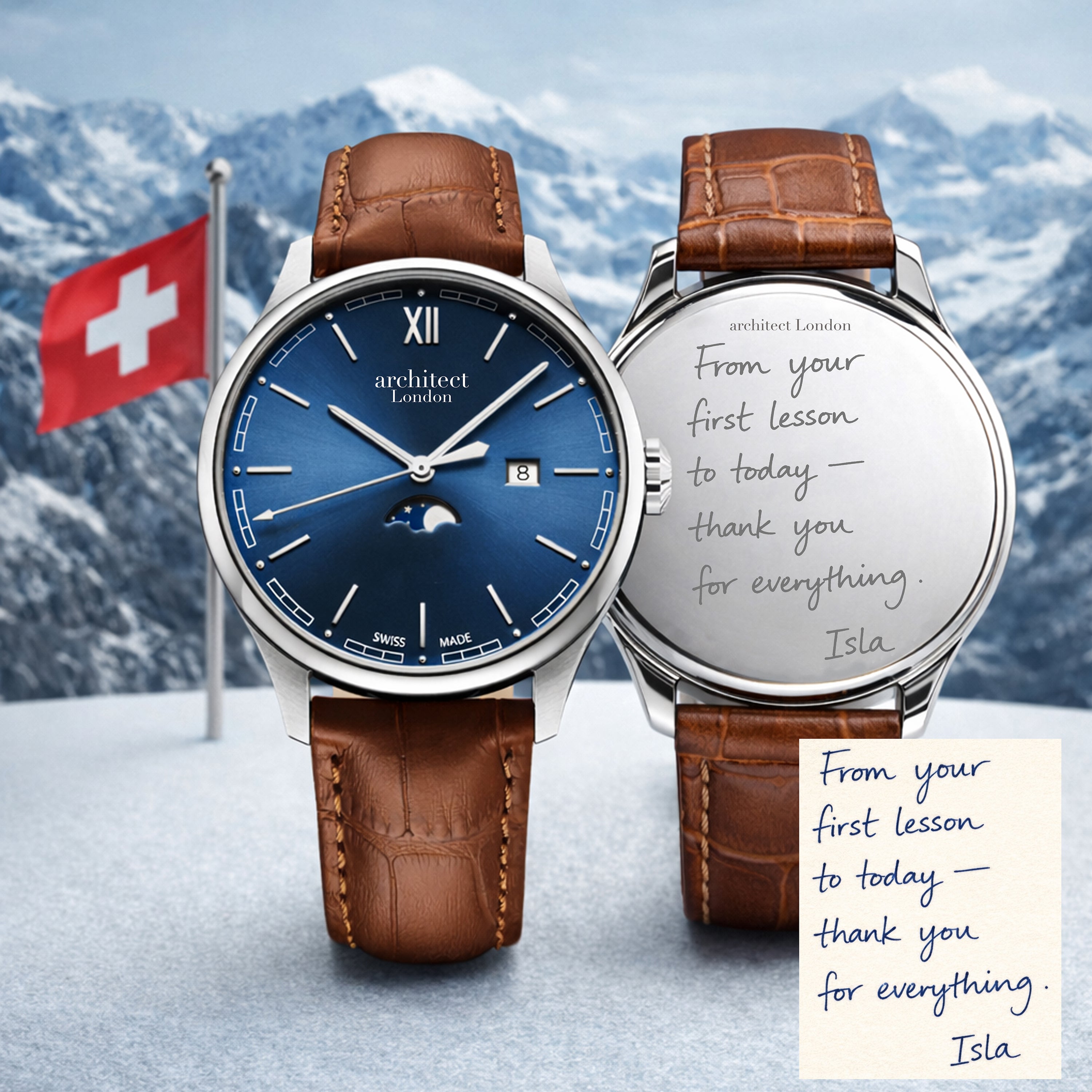 Two watches with leather straps in front of a mountainous landscape with a Swiss flag with own handwriting engraving