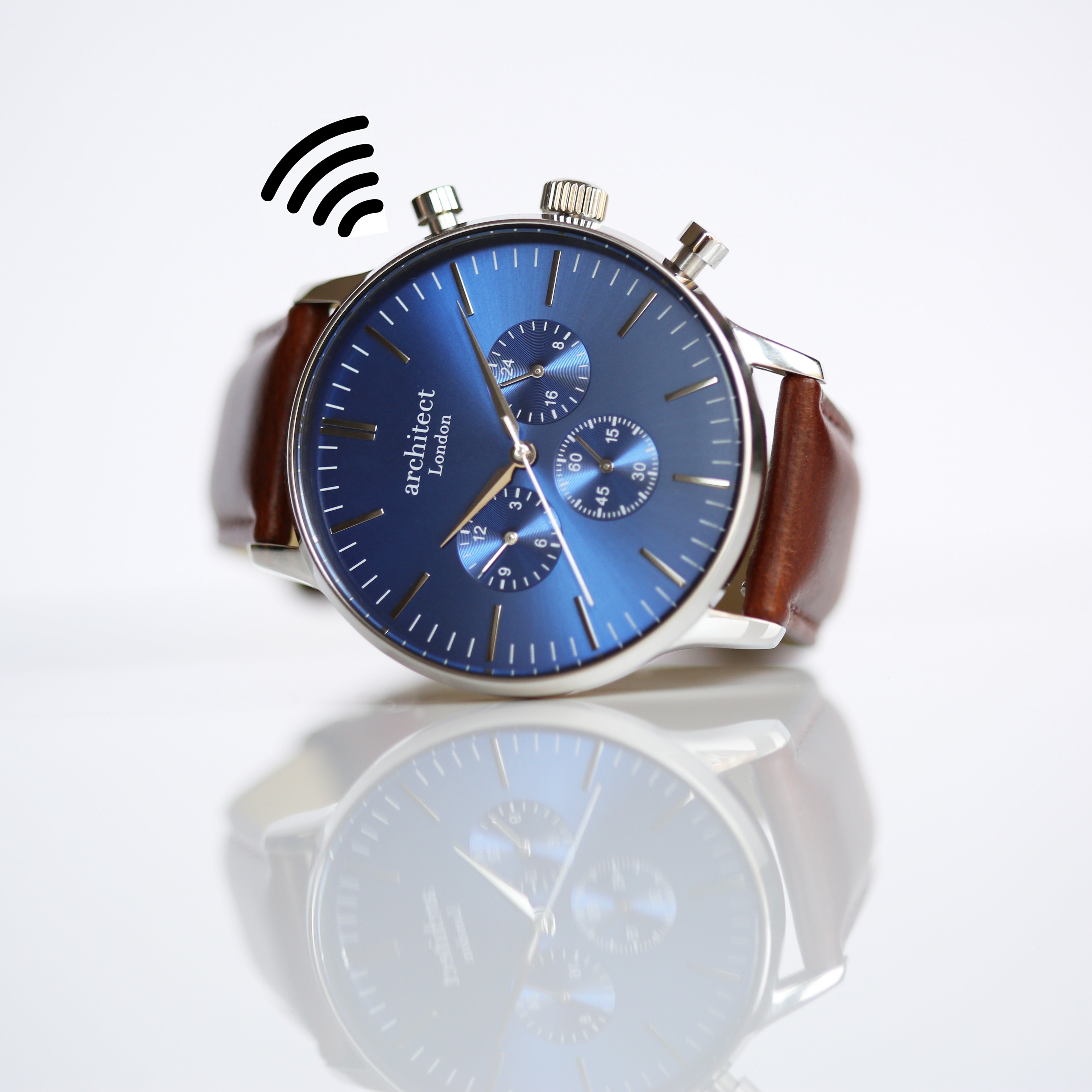 Contactless Payment Watch - Men's Blue Motivator + Walnut Strap + Modern Font Engraving - Wear We Met