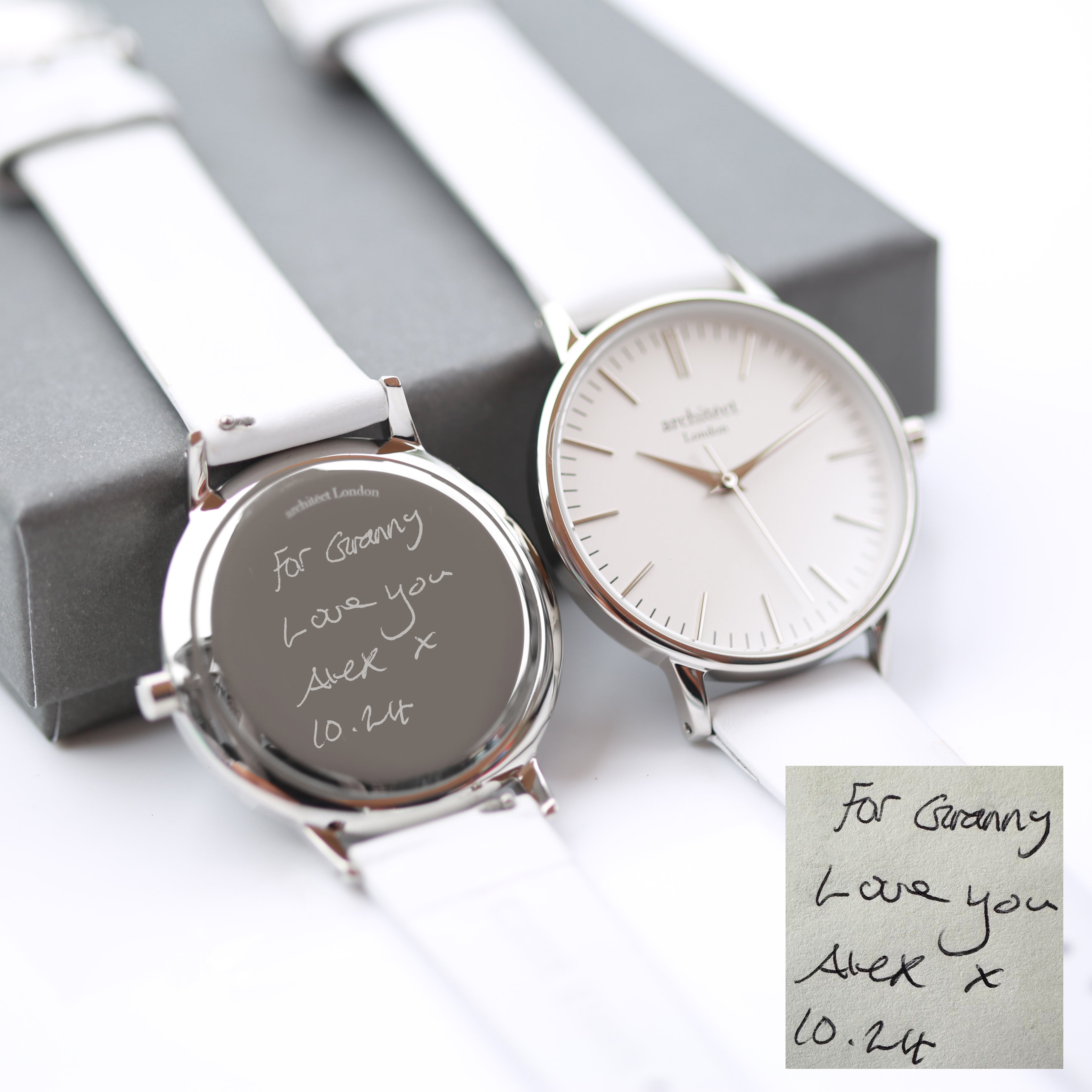 Ladies Architēct Blanc Silver Bezel - Handwriting Engraving + White Strap - Wear We Met