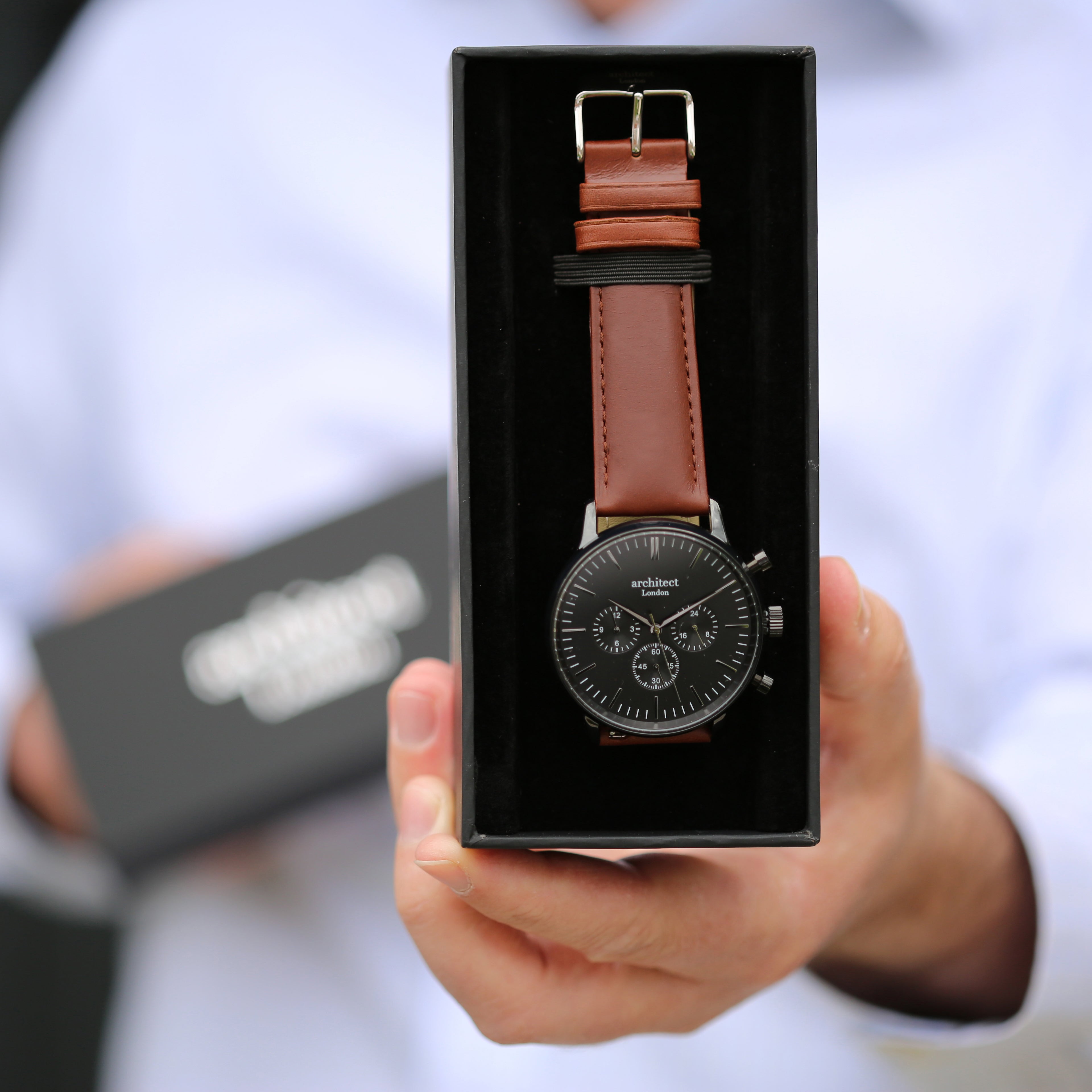 Men's Architect Motivator In Black With Walnut Strap - Modern Font Engraving - Wear We Met