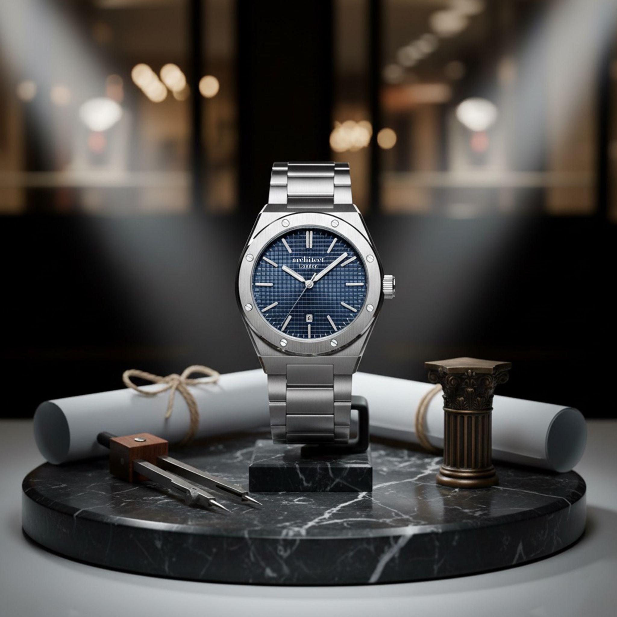 Engraved men’s watch deep blue dial stainless steel bracelet