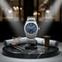 Engraved men’s watch deep blue dial stainless steel bracelet