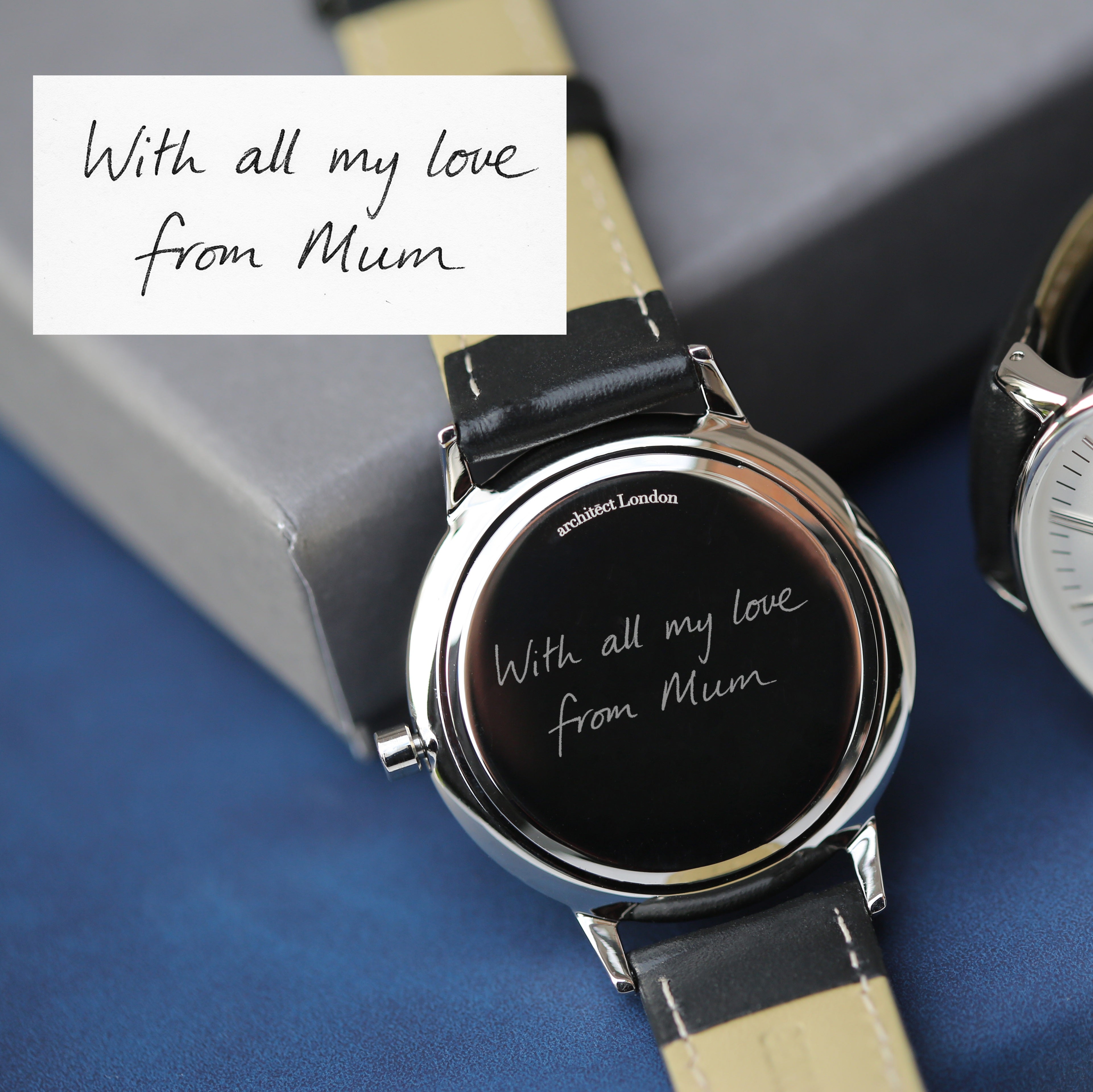 Ladies Architēct Blanc Silver Bezel - Handwriting Engraving + Black Strap - Wear We Met