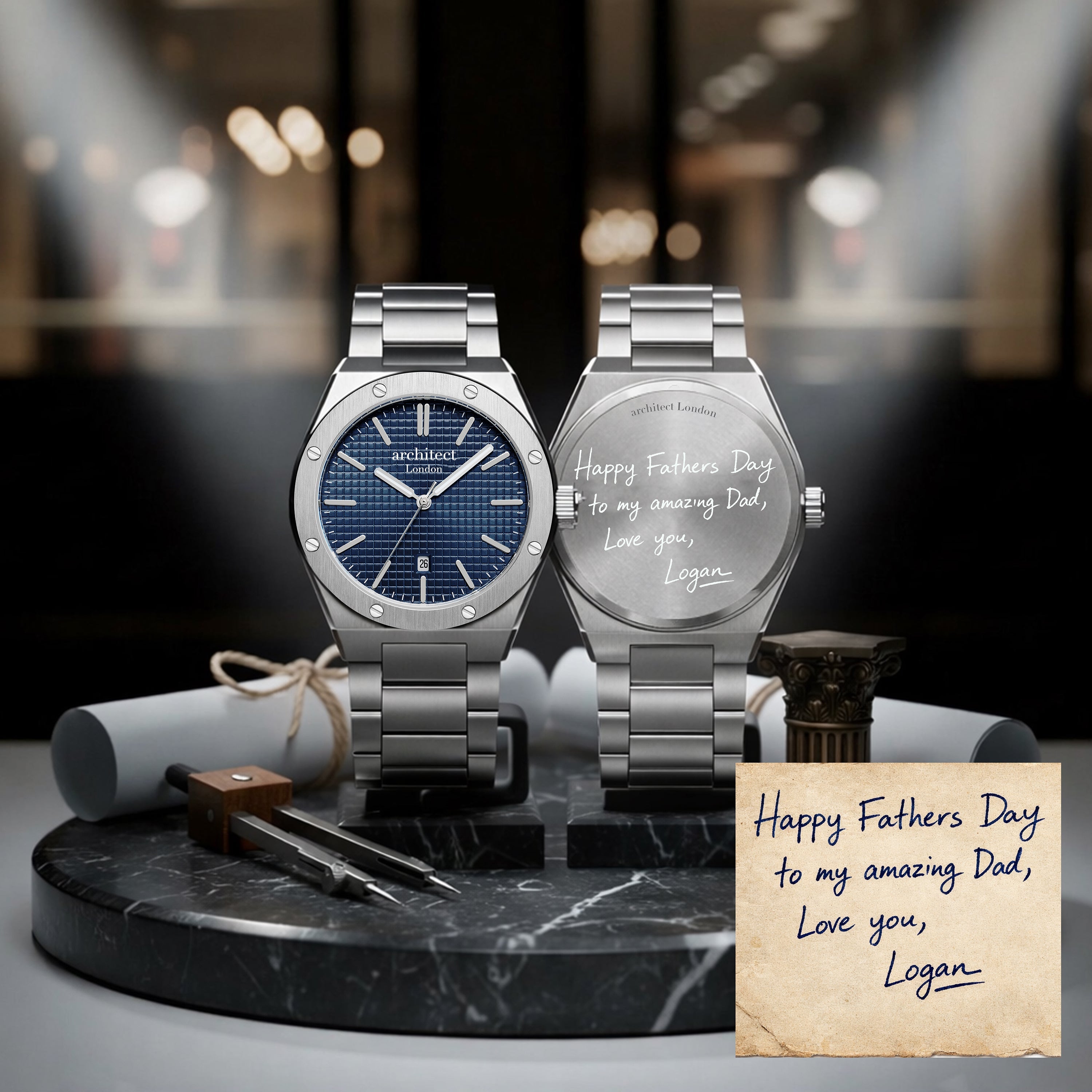 Personalised mens watch with own handwriting engraving perfect for fathers day