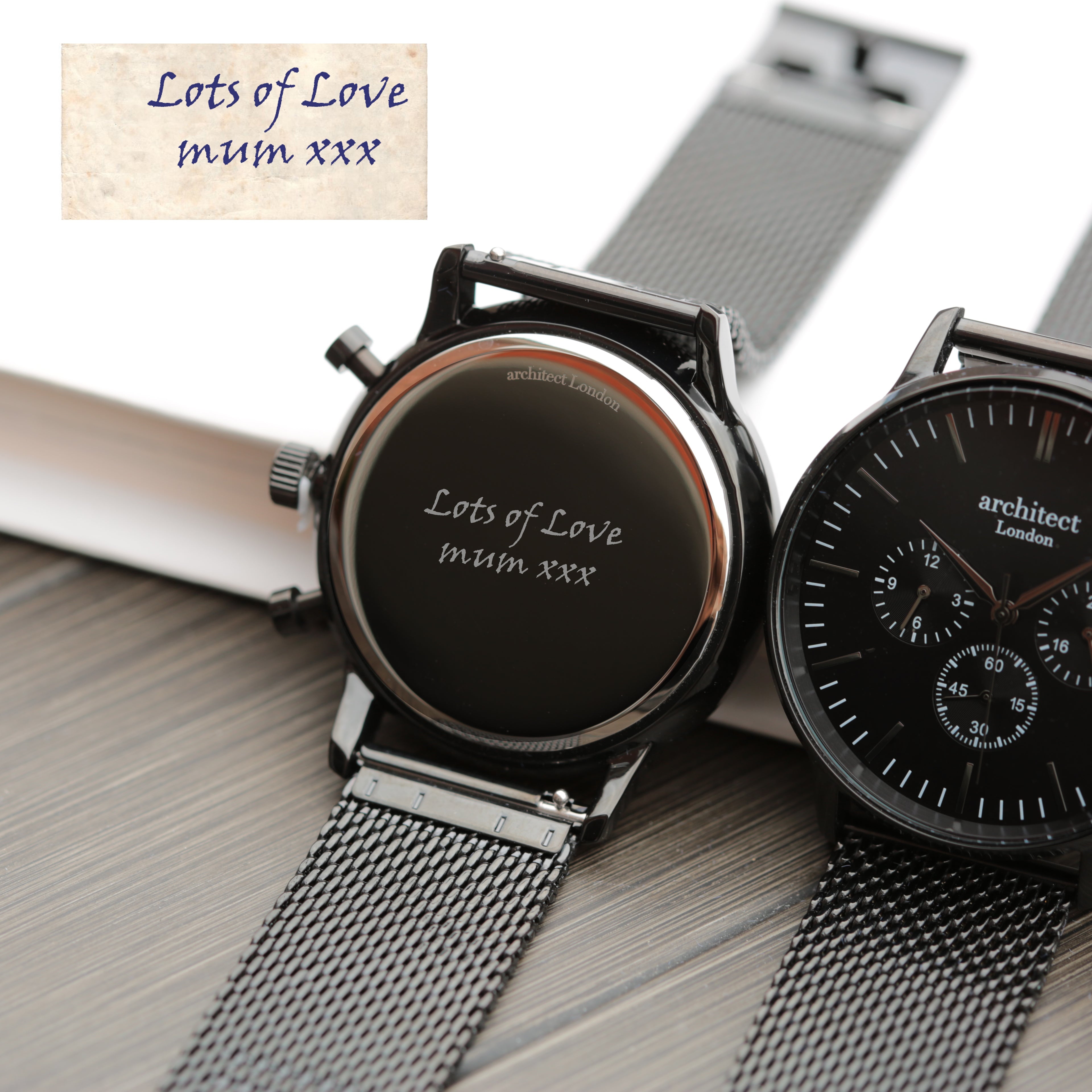 Handwriting Engraving - Men's Architect Motivator Black Face Black Mesh Strap - Wear We Met