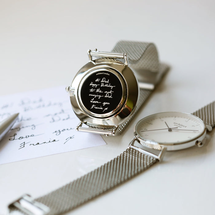 Handwriting Engraving - Men's Architect Zephyr + Steel Silver Mesh Strap