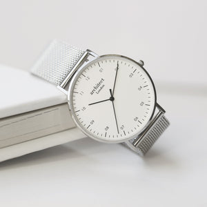 Modern Font Engraving - Men's Architect Zephyr + Steel Silver Mesh Strap - Wear We Met