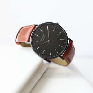 Modern Font Engraving - Men's Minimalist Watch + Walnut Strap - Wear We Met