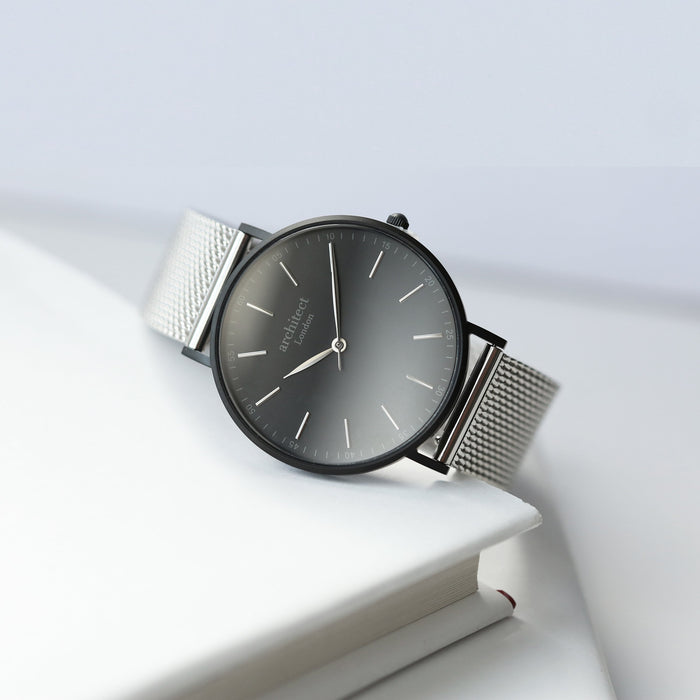 Modern Font Engraving - Men's Minimalist Watch + Steel Silver Mesh Strap