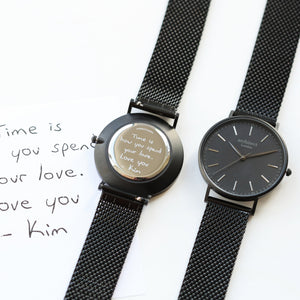Handwriting Engraving - Men's Minimalist Watch + Pitch Black Mesh Strap - Wear We Met