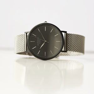 Modern Font Engraving - Men's Minimalist Watch + Steel Silver Mesh Strap - Wear We Met