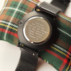 Modern Font Engraving - Men's Minimalist Watch + Pitch Black Mesh Strap - Wear We Met