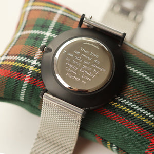 Modern Font Engraving - Men's Minimalist Watch + Steel Silver Mesh Strap - Wear We Met