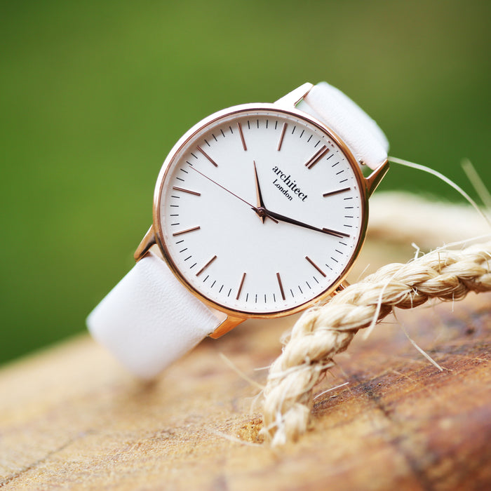 Ladies Architēct Blanc - Modern Font Engraving + White Strap