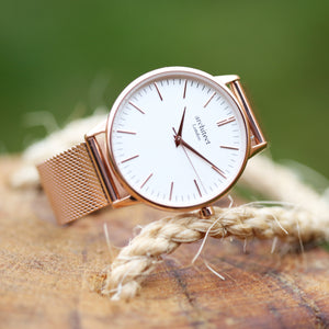 Ladies Architēct Blanc - Handwriting Engraving + Rose Gold Mesh Strap - Wear We Met