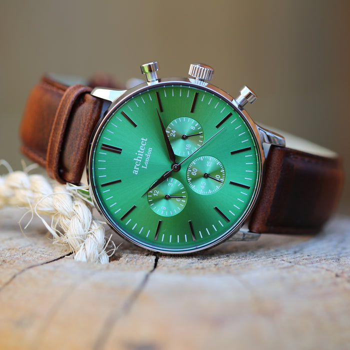 Men's Architect Motivator In Envy Green With Walnut Strap - Modern Font Engraving