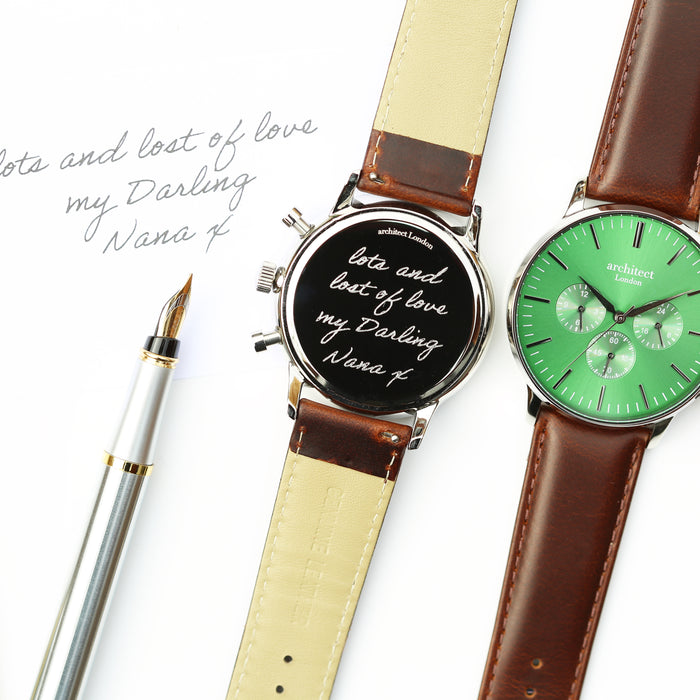 Handwriting Engraving - Men's Architect Motivator Green Face Walnut Strap