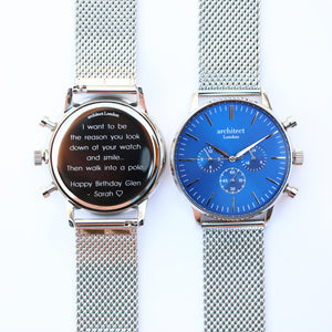 Men's Architect Motivator In Blue With Silver Mesh Strap - Modern Font Engraving - Wear We Met