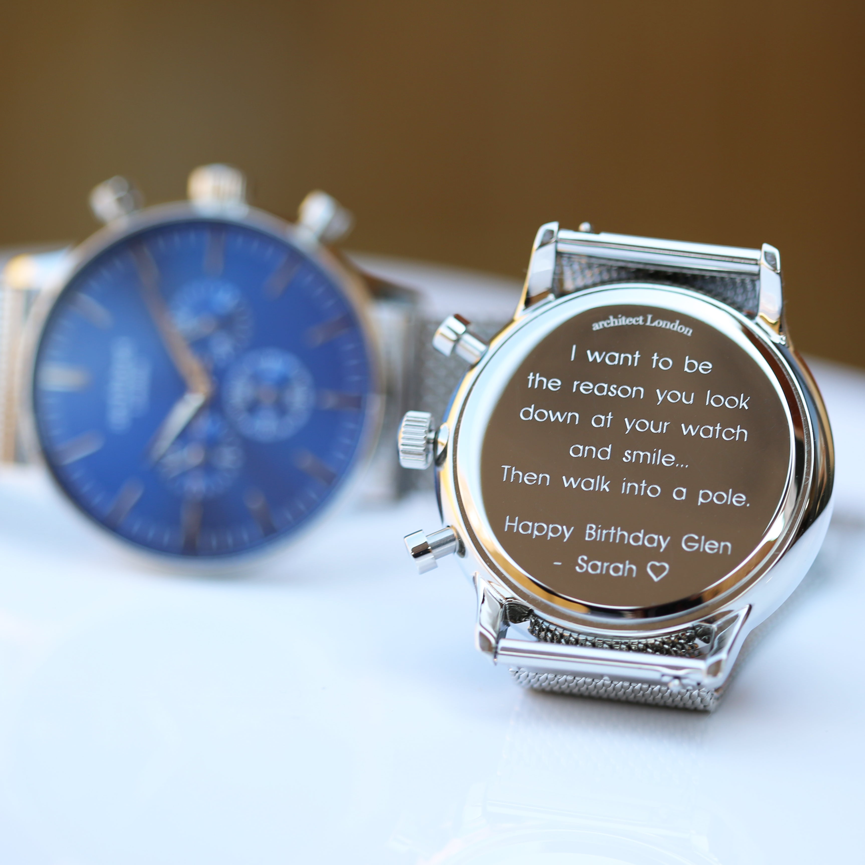 Men's Architect Motivator In Blue With Silver Mesh Strap - Modern Font Engraving - Wear We Met