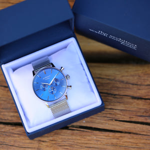 Handwriting Engraving - Men's Architect Motivator Blue Face Silver Strap - Wear We Met