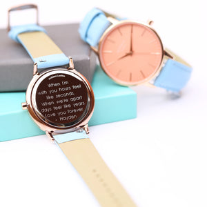 Ladies Architēct Coral - Modern Font Engraving + Light Blue Strap - Wear We Met