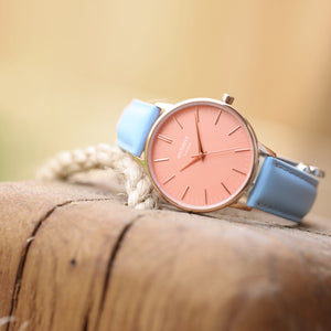 Ladies Architēct Coral - Handwriting Engraving + Light Blue Strap - Wear We Met