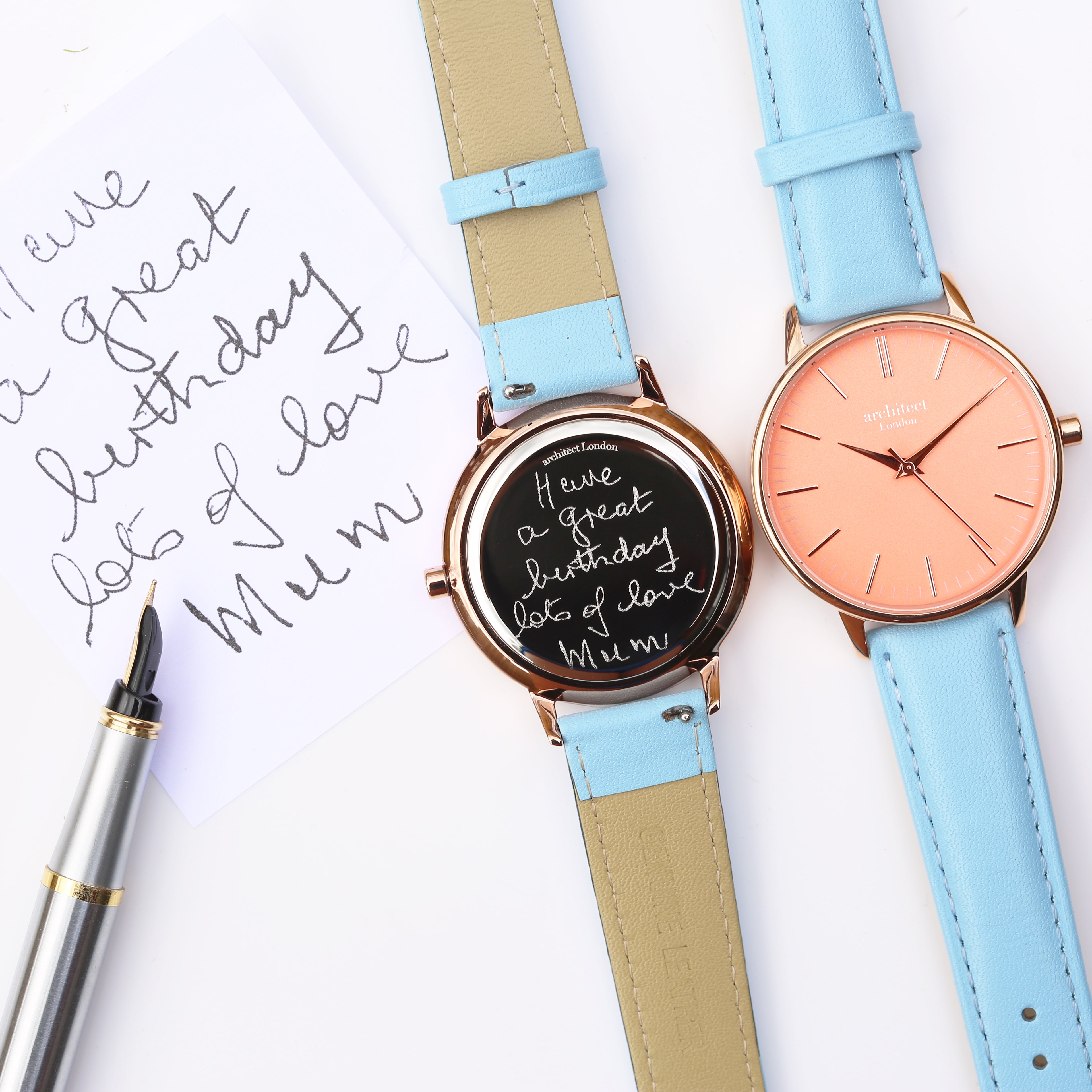 Ladies Architēct Coral - Handwriting Engraving + Light Blue Strap - Wear We Met