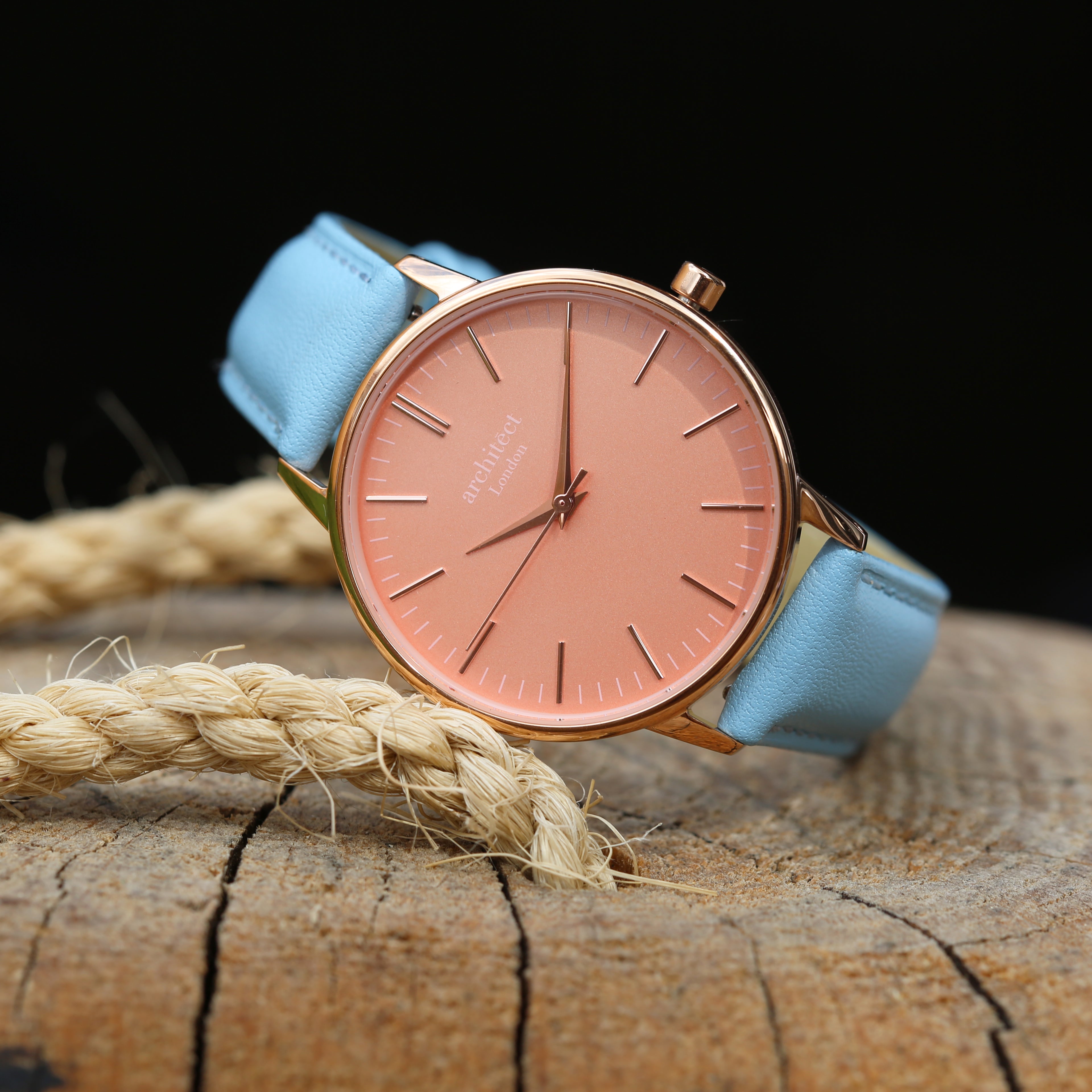 Ladies Architēct Coral - Handwriting Engraving + Light Blue Strap - Wear We Met