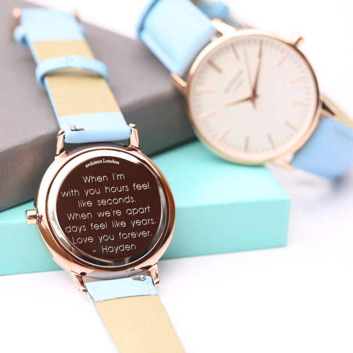 Ladies Architēct Blanc - Modern Font Engraving + Light Blue Strap