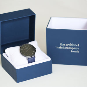 Modern Font Engraving - Men's Minimalist Watch + Admiral Blue Strap - Wear We Met